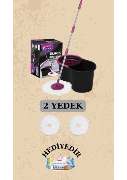 Black Edition Döner Başlıklı Temizlik Seti ve 2 Adet Yedek Mop