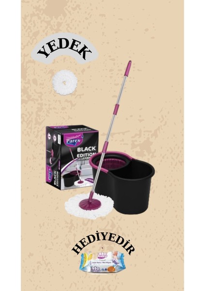 Black Edition Otomatik Temizlik Seti - Kova Mop Seti 1 Adet Yedek Mop Hediyedir