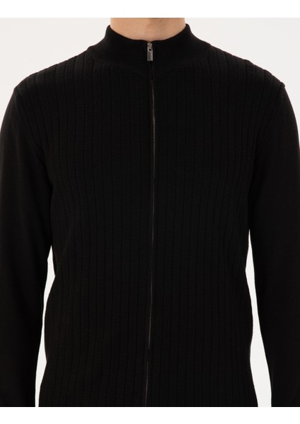 Erkek Siyah Slim Fit Fermuarlı Triko Hırka 50300508-VR046