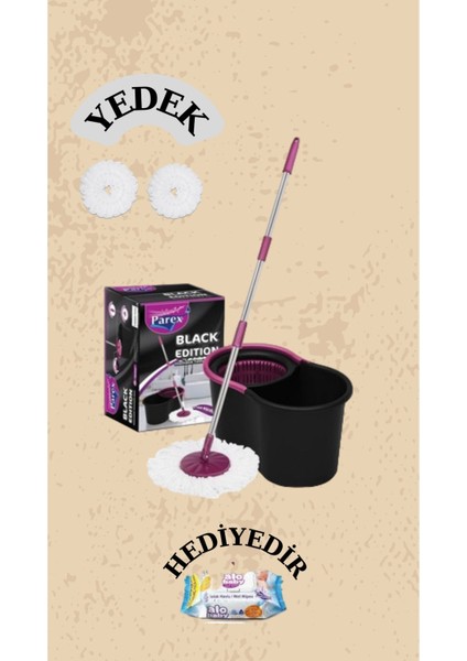 Black Edition Otomatik Temizlik Seti - Kova Mop Seti 2 Adet Yedek Mop Hediyedir