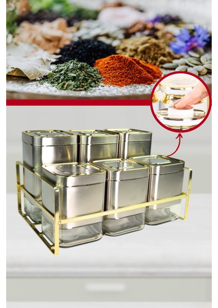 6 Parça Kare Vakum Kapaklı Cam Baharatlık Seti ve Metal Stant, Baharat Takımı 6’li Set