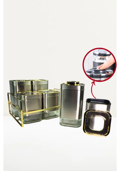 6 Parça Kare Vakum Kapaklı Cam Baharatlık Seti ve Metal Stant, Baharat Takımı 6’li Set