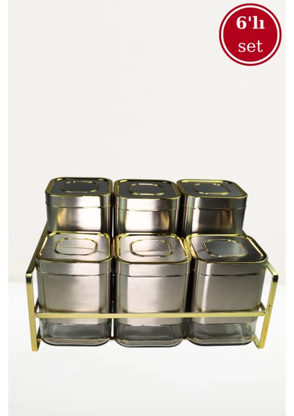 6 Parça Kare Vakum Kapaklı Cam Baharatlık Seti ve Metal Stant, Baharat Takımı 6’li Set