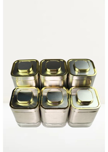6 Parça Kare Vakum Kapaklı Cam Baharatlık Seti ve Metal Stant, Baharat Takımı 6’li Set