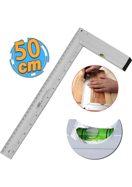 Alüminyum L Gönye Su Terazili Cetvel Ölçme Ölçüm Kaynak Kaynakçı Marangoz Gönyesi 500 mm 50 cm