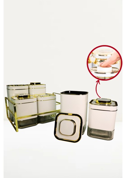 6 Parça Kare Vakum Kapaklı Cam Baharatlık Seti ve Metal Stant, Baharat Takımı 6’li Set