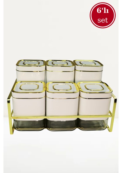 6 Parça Kare Vakum Kapaklı Cam Baharatlık Seti ve Metal Stant, Baharat Takımı 6’li Set