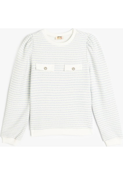 Uzun Kollu Düğme Detaylı Bisiklet Yaka Çizgili Sweatshirt