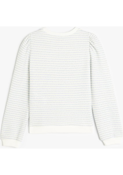 Uzun Kollu Düğme Detaylı Bisiklet Yaka Çizgili Sweatshirt