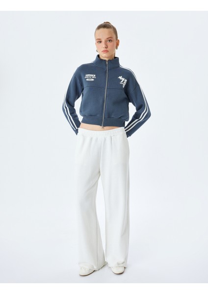 Fermuarlı Cepli Biyeli Kolej Baskılı Sweatshirt
