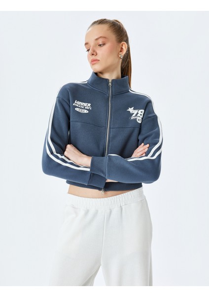 Fermuarlı Cepli Biyeli Kolej Baskılı Sweatshirt