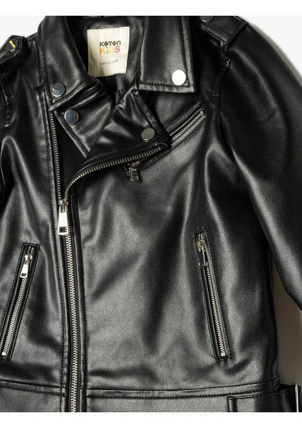 Suni Deri Biker Ceket Fermuarlı Cep Detaylı
