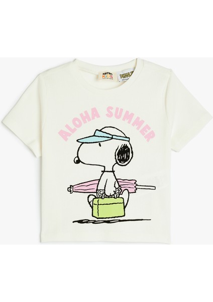 Snoopy Baskılı Bisiklet Yaka Kısa Kollu Pamuklu Lisanslı Tişört