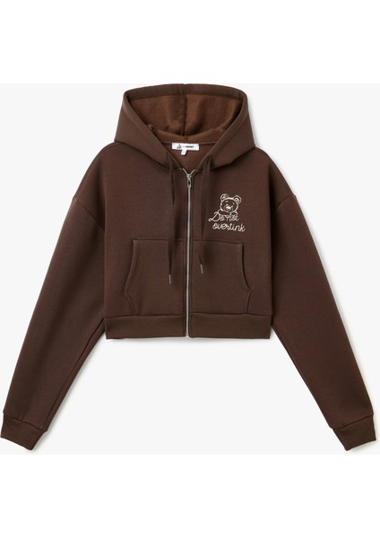 Arkası Baskılı Kanguru Cepli Kapüşonlu Şardonlu Fermuarlı Sweatshirt