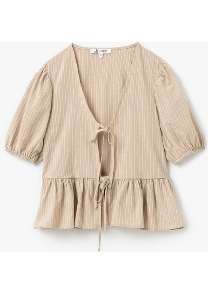 Bağcık Detaylı V Yaka Kısa Balon Kollu Çizgili Bluz