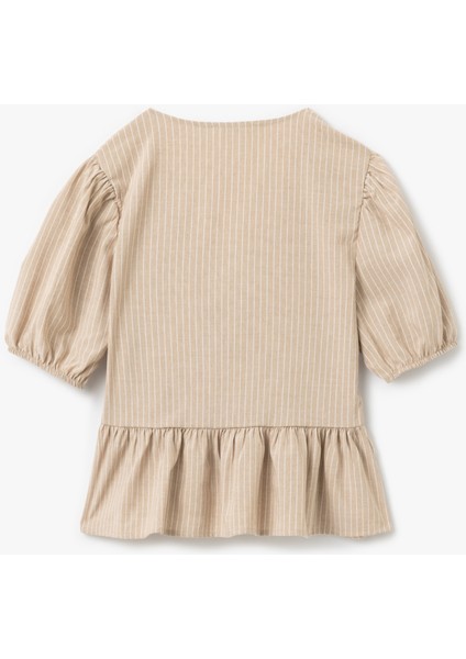 Bağcık Detaylı V Yaka Kısa Balon Kollu Çizgili Bluz fiyatları