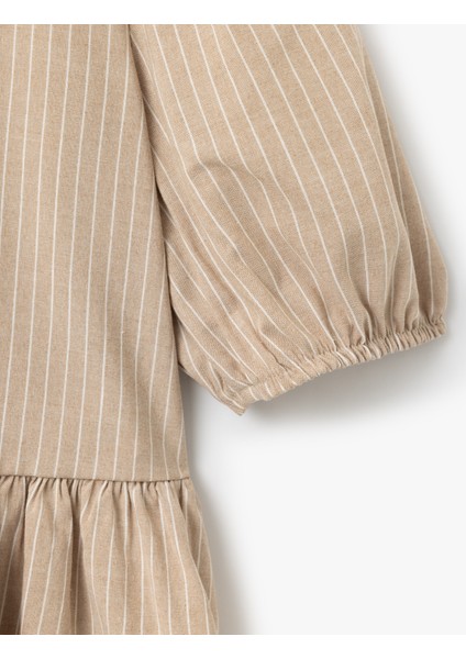 Bağcık Detaylı V Yaka Kısa Balon Kollu Çizgili Bluz modelleri