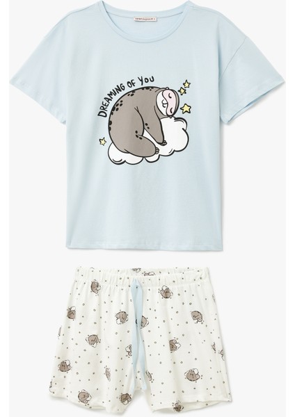 Pamuklu Baskılı Kısa Kollu Bisiklet Yaka Şortlu Pijama Takımı