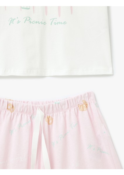 Baskılı Bisiklet Yaka Kısa Kollu Pamuklu Şortlu Pijama Takımı