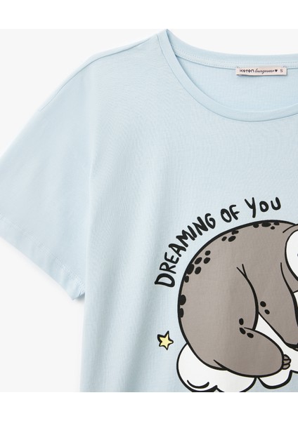 Pamuklu Baskılı Kısa Kollu Bisiklet Yaka Şortlu Pijama Takımı