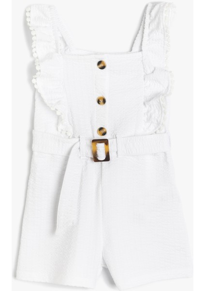 Pamuklu Askılı Fırfır Detaylı Kemerli Kısa Tulum