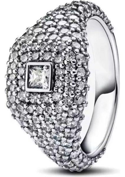 Gümüş Pave Kare Kokteyl Yüzük
