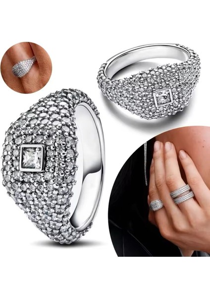 Gümüş Pave Kare Kokteyl Yüzük modelleri