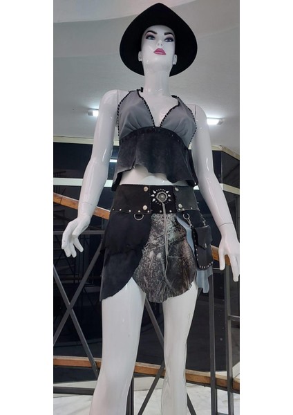 Özel Tasarım Boho Geniş Hakiki Deri Etek Kemer- Büstiyer Takım
