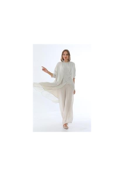 Italyan Ipek Detaylı Oversize Kap Bluz- Wes Pantolon Takım
