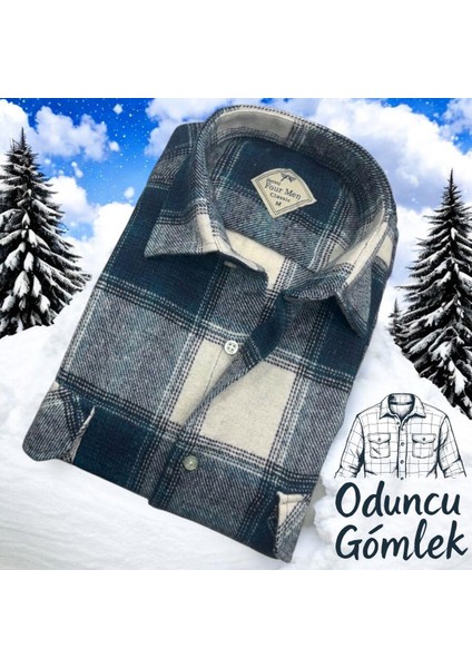 Kışlık Pamuklu Kapaklı Çift Cepli Uzun Kollu Erkek Oduncu Gömlek (Regular Kalıp)