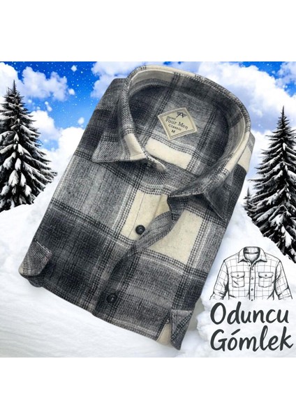 Kışlık Pamuklu Uzun Kollu Kapaklı Çift Cepli Erkek Oduncu Gömlek (Regular Kalıp)