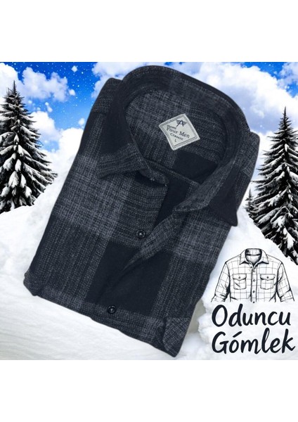 Kışlık Pamuklu Uzun Kollu Kapaklı Çift Cepli Erkek Oduncu Gömlek (Regular Kalıp)