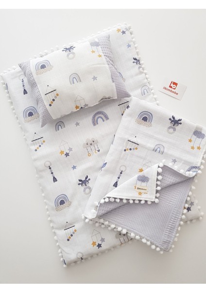 Battaniyeli Bebek Alt Açma Seti, Minderi , Müslin, Bebek Yastığı, Yenidoğan, Beşik , Bebek Ürünleri