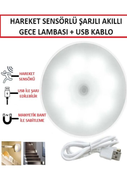 Hareket Sensörlü USB Şarjlı LED Işık Gece Lambası Mutfak Salon Merdiven Yatak Odası Dolap Içi