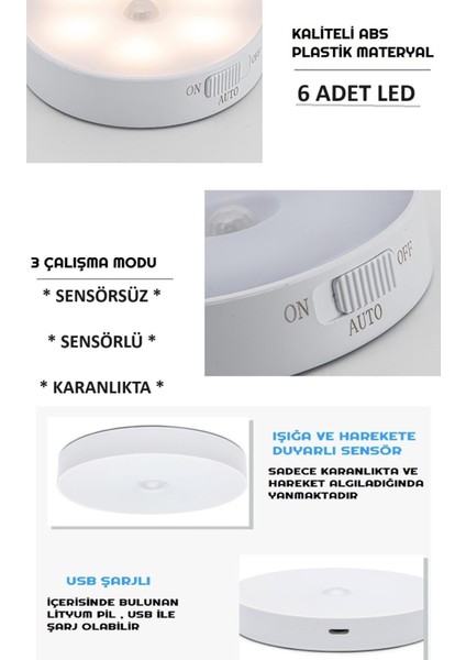 Hareket Sensörlü USB Şarjlı LED Işık Gece Lambası Mutfak Salon Merdiven Yatak Odası Dolap Içi