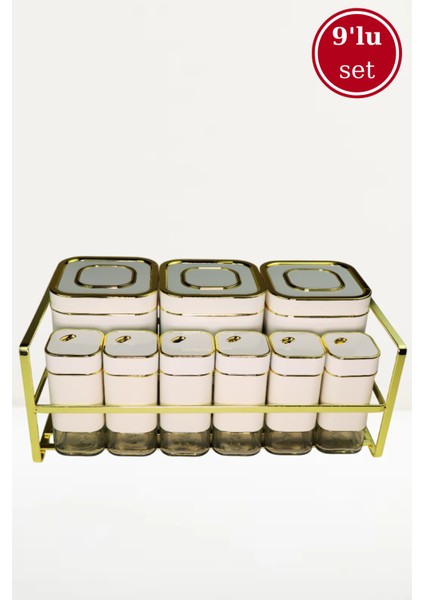 9 Parça Kare Vakum Kapaklı Cam Baharatlık Seti ve Metal Stant, Baharat Takımı 9’lu Set