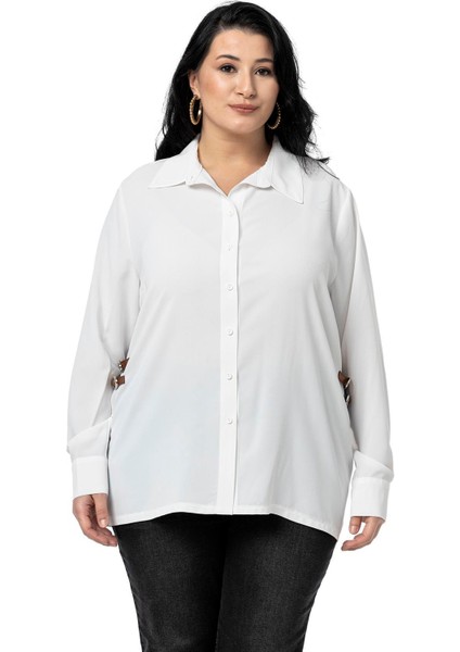 Büyük Beden Yanlarda Deri Toka Detaylı Siyah Gömlek