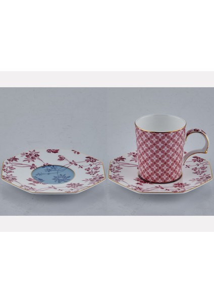 Regency Damask Pembe 2'li Kahve Fincanı ve Tabağı Seti