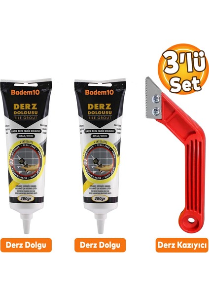 (3'lü Set) Fayans Arası Beyaz Hazır Derz Boyama Dolgusu + Derz Kazıyıcı Temizleyici