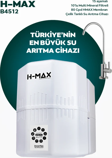 H-MAX Reverse Osmosis System H-Max 13 Aşama 12 Litre Çelik Tanklı Mineralli Su Arıtma Cihazı - 0018