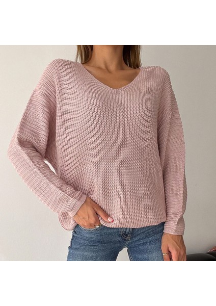 V Yaka Selanik Örgü Oversize Triko Kazak