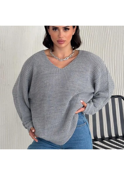 V Yaka Selanik Örgü Oversize Triko Kazak