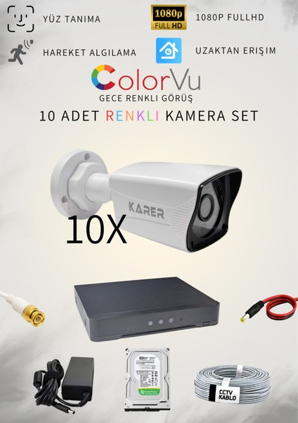 10'Lu Her Şey Dahil Tak Çalıştır Hazır Set - 5mp Lensli, Gece Renkli Görüş, Yüz Tanıma, Hareket Algılama