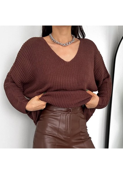 V Yaka Selanik Örgü Oversize Triko Kazak