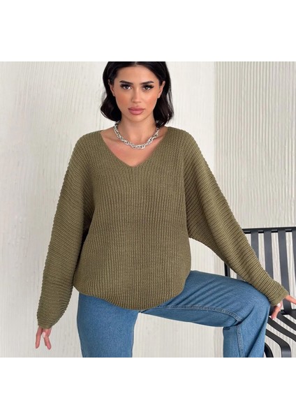 V Yaka Selanik Örgü Oversize Triko Kazak