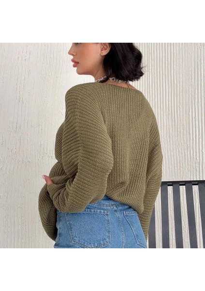 V Yaka Selanik Örgü Oversize Triko Kazak