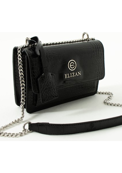 Kapaklı Bölmeli Zincir Askılı Siyah Kroko Çapraz Kadın Çantası