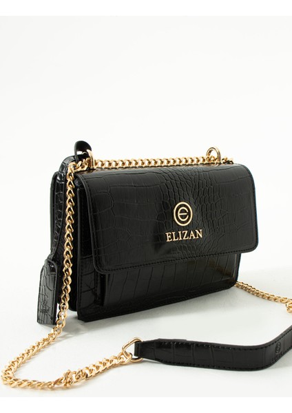 Kapaklı Bölmeli Zincir Askılı Siyah Kroko Çapraz Kadın Çantası modelleri