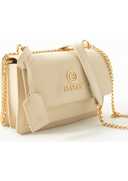Kapaklı Bölmeli Zincir Askılı Bej Çapraz Kadın Çantası
