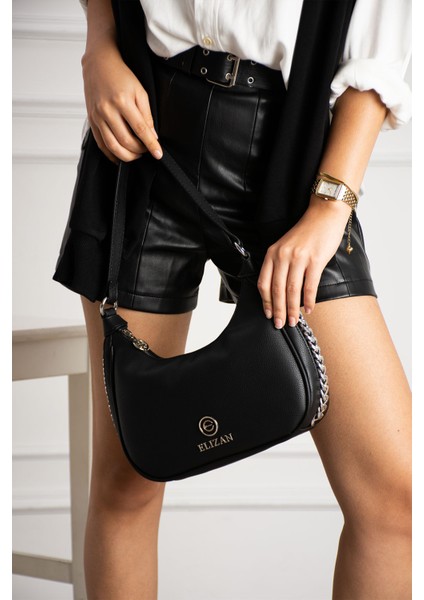 Zincir Detaylı Ay Dizayn Siyah Omuz ve Çapraz Kadın Çantası